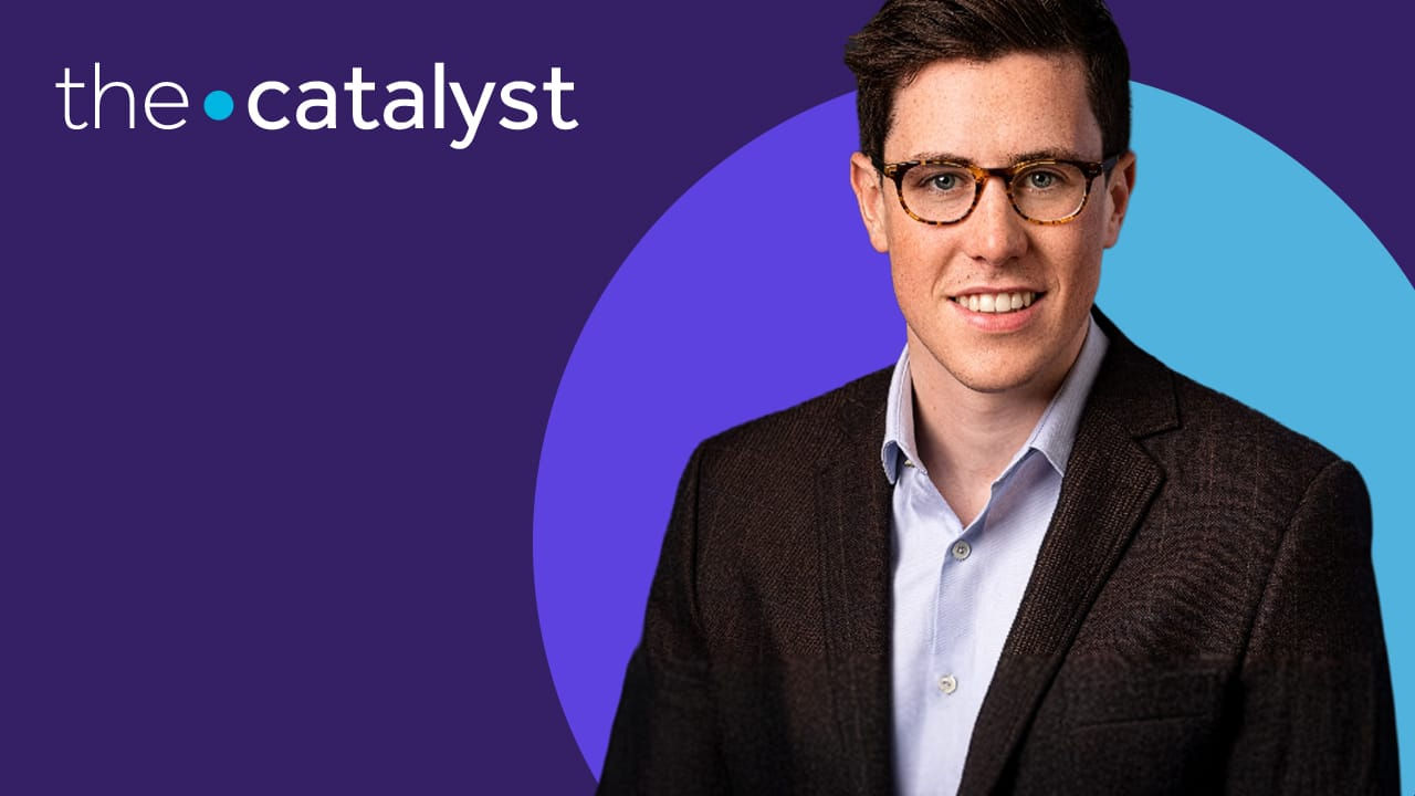 Alex Owens in a dark blazer and light blue shirt against a purple background with the Health Pulse logo.