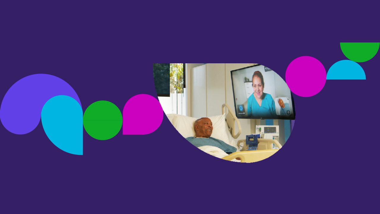 Purple background with pavers with a paver having a patient in hospital bed doing virtual visit