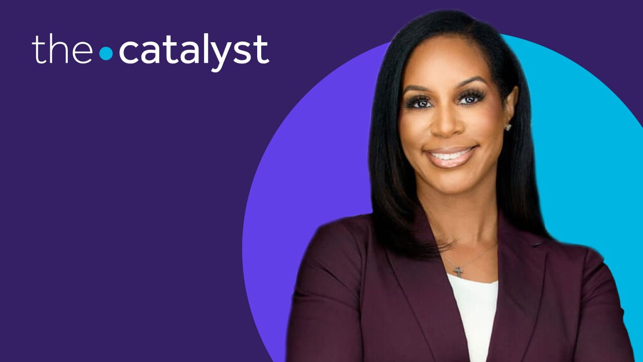 Jene Butler portrait with a plum and aqua background and the words "the catalyst"