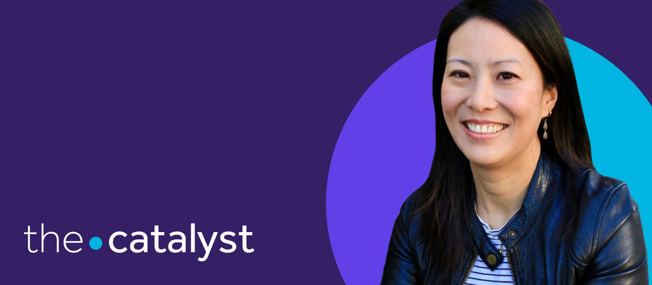Grace C Niu's portrait with a plum and aqua background and the words "the catalyst"