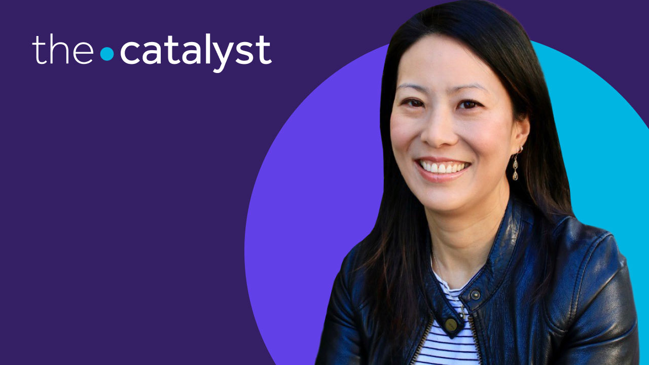 Grace C Niu's portrait with a plum and aqua background and the words "the catalyst"