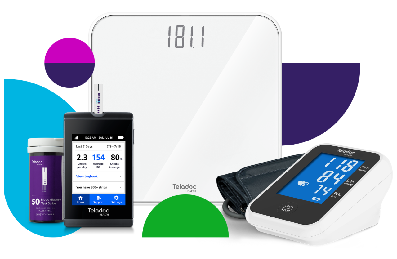 a grouping of Teladoc Health devices including Blood Glucose meter and test strips, smart scale and blood pressure monitor