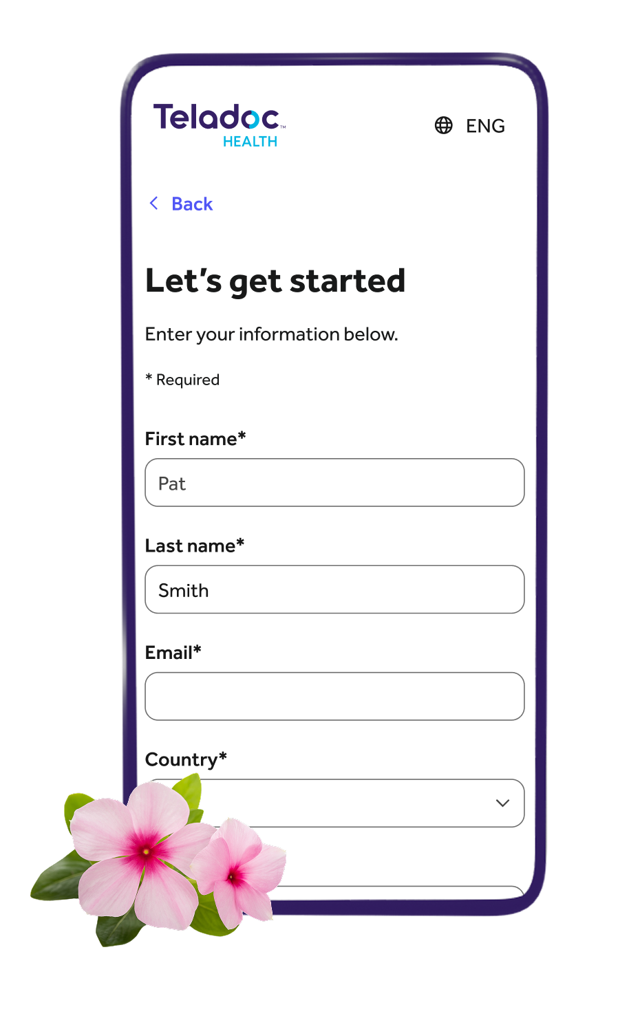 Mobile registration screen on the Teladoc Health app