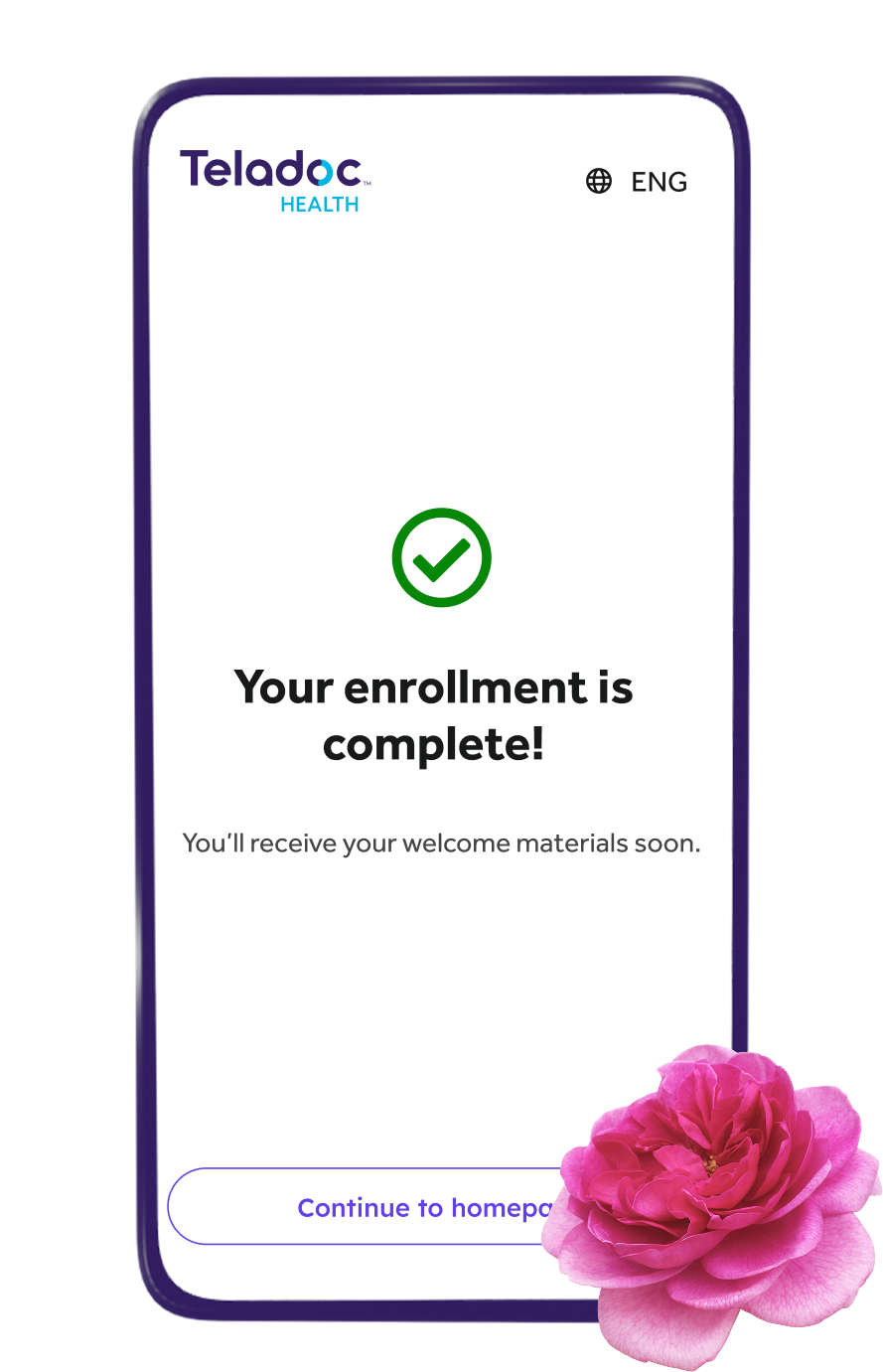 phone screen of the Teladoc Health registration flow showing a green checkmark that the registration is complete