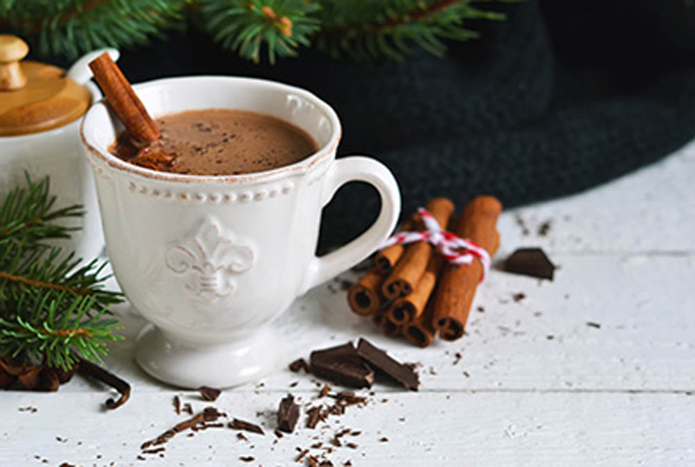 Winter hot drink - hot chocolate with cinnamon and anise on a white background