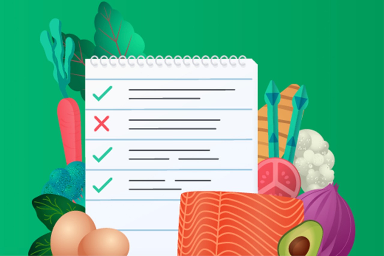 An illustration featuring a notepad with checkmarks and a red cross, surrounded by various colorful fruits and vegetables.