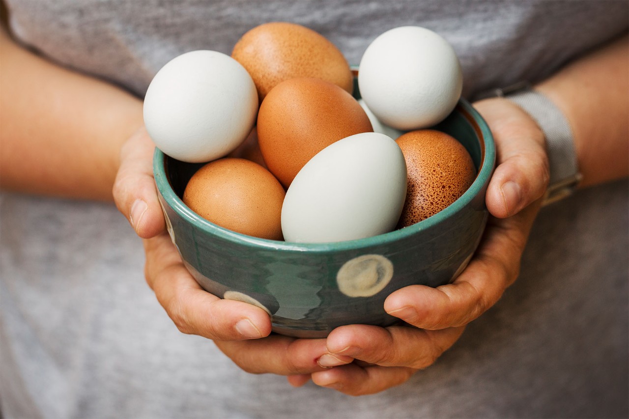 Hands holding a bowl filled with white and brown eggs.