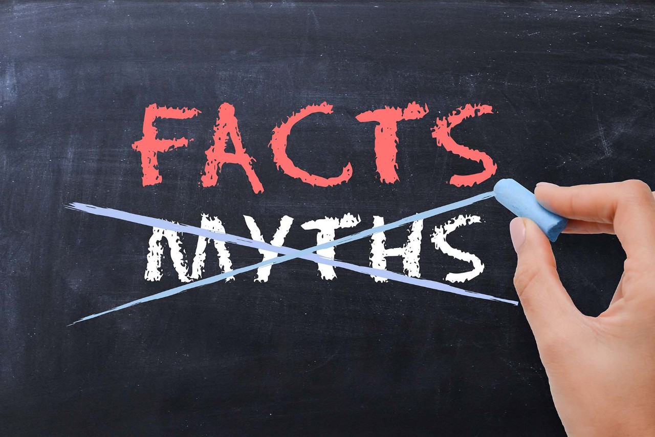 A chalkboard with the word "FACTS" written in red and "MYTHS" written in white, crossed out with blue chalk, symbolizing the debunking of myths.