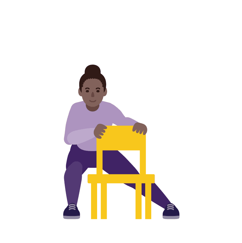  Una ilustración de una mujer haciendo estiramiento lateral mientras sostiene una silla amarilla con ambas manos