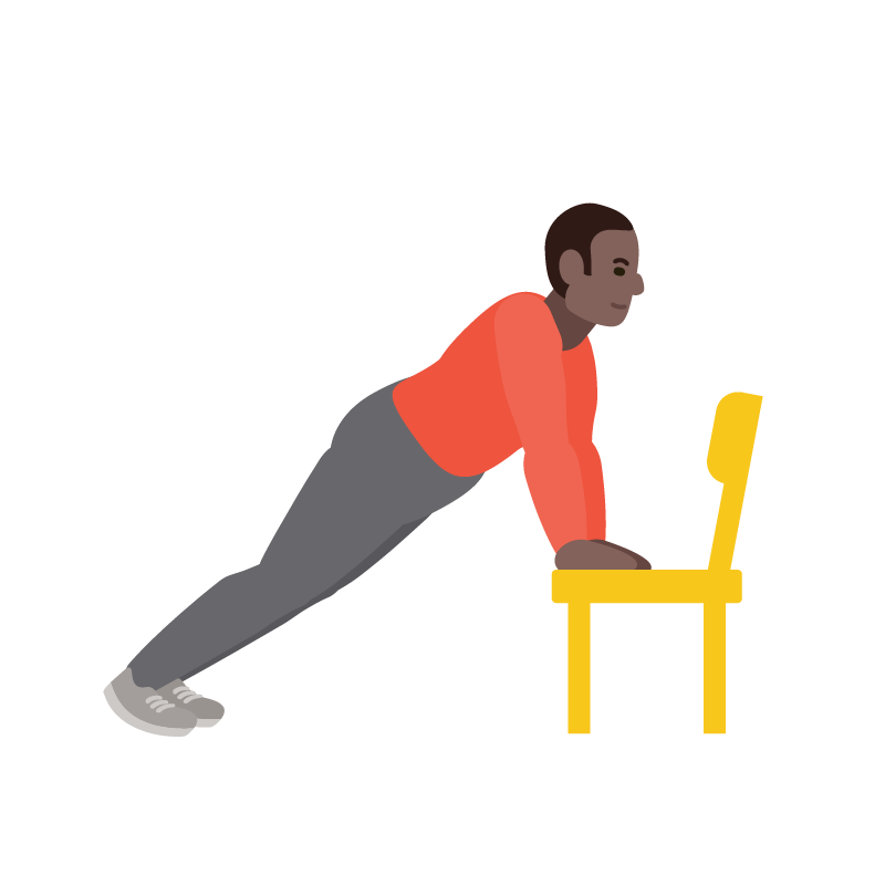 Una ilustración de un hombre haciendo flexiones inclinadas con las manos apoyadas en una silla amarilla 
