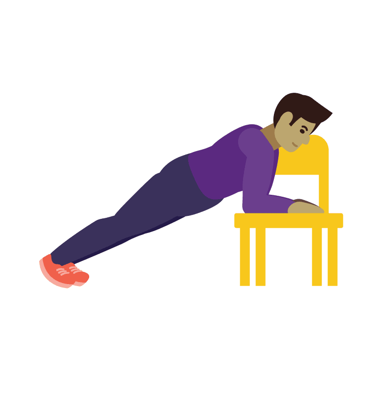  Una ilustración de un hombre realizando una plancha apoyando los antebrazos sobre una silla amarilla
