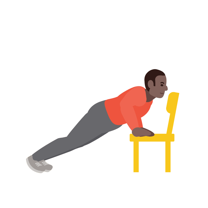Una ilustración de un hombre haciendo una flexión inclinada con los codos doblados y las manos apoyadas en una silla amarilla 