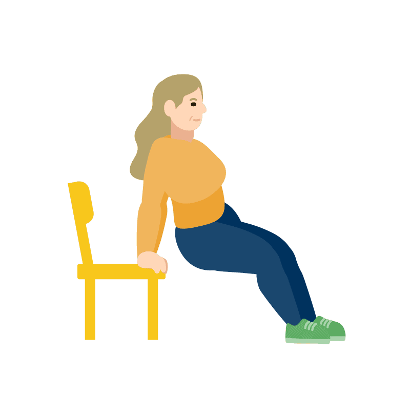 Una ilustración de una mujer realizando fondos de tríceps con las manos apoyadas en una silla amarilla y las piernas extendidas 