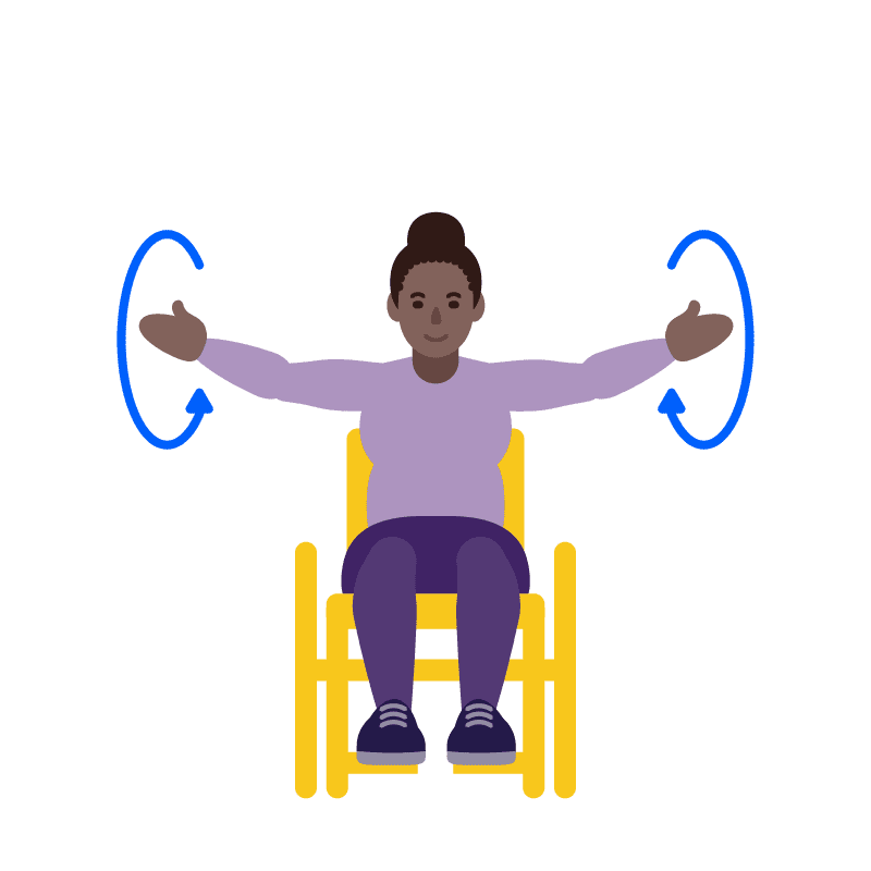 Mujer sentada en una silla realizando movimientos circulares con los brazos extendidos. 