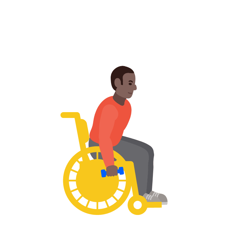 Hombre en silla de ruedas sosteniendo pesas con los brazos hacia abajo, listo para hacer ejercicio. 