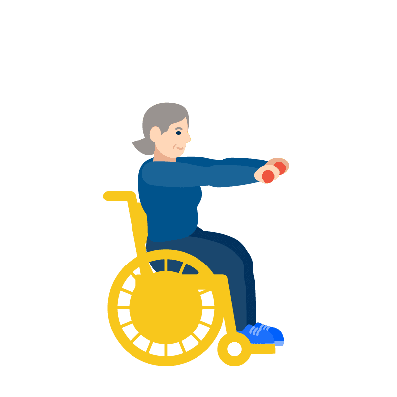 Mujer en silla de ruedas levantando los brazos al frente con pesas. 
