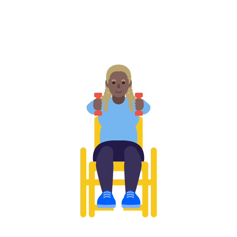 Mujer en silla de ruedas sosteniendo pesas cerca del pecho, preparándose para hacer ejercicio. 