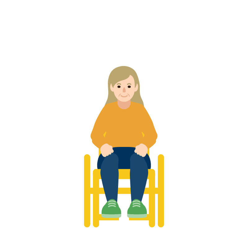  Mujer en silla de ruedas con las manos cerradas sobre las piernas, preparándose para hacer ejercicio.
