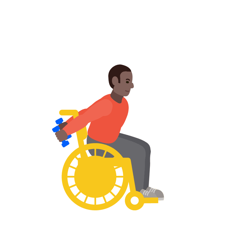 Hombre en silla de ruedas extendiendo los brazos hacia atrás mientras sostiene pesas. 