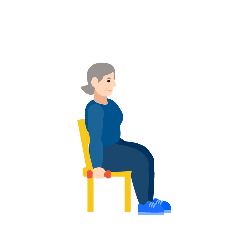  Ilustración de una mujer sentada en una silla con pesas en las manos, brazos hacia abajo, preparándose para hacer ejercicio.