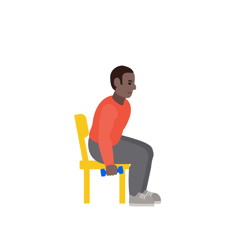 Ilustración de un hombre sentado en una silla inclinado hacia adelante con pesas en las manos, brazos hacia abajo. 