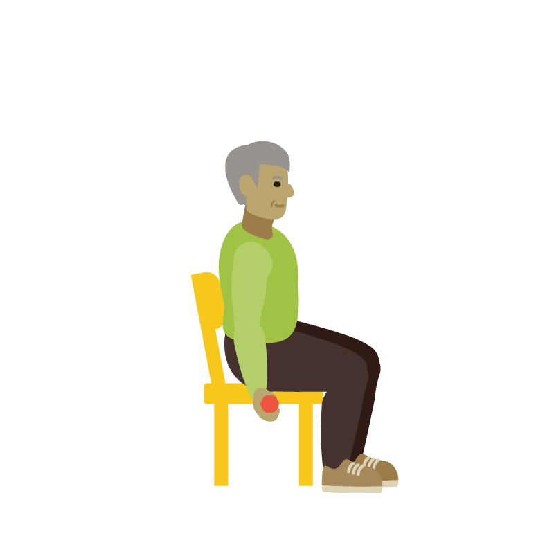  Ilustración de un hombre mayor sentado en una silla con una mancuerna en la mano, brazo extendido hacia abajo.