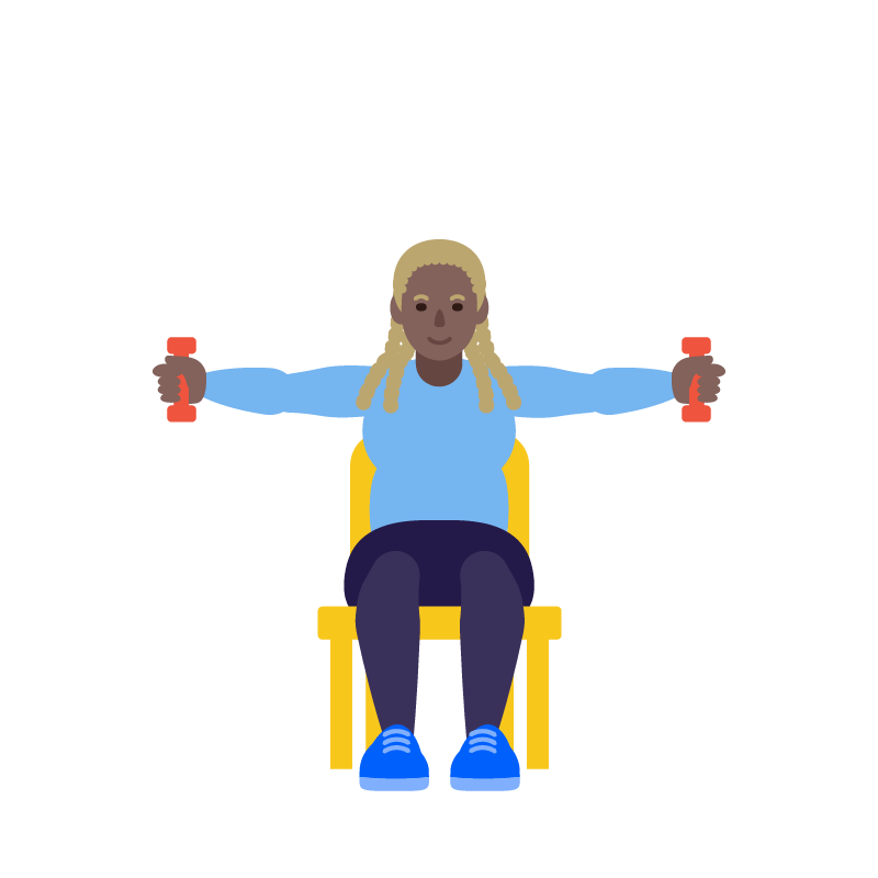  Ilustración de una mujer sentada en una silla levantando los brazos hacia los lados con pesas en las manos como parte de un ejercicio.