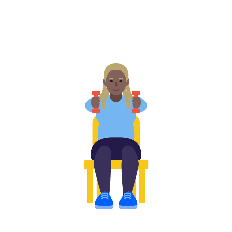  Ilustración de una mujer sentada en una silla con pesas en las manos, sosteniéndolas cerca de los hombros.