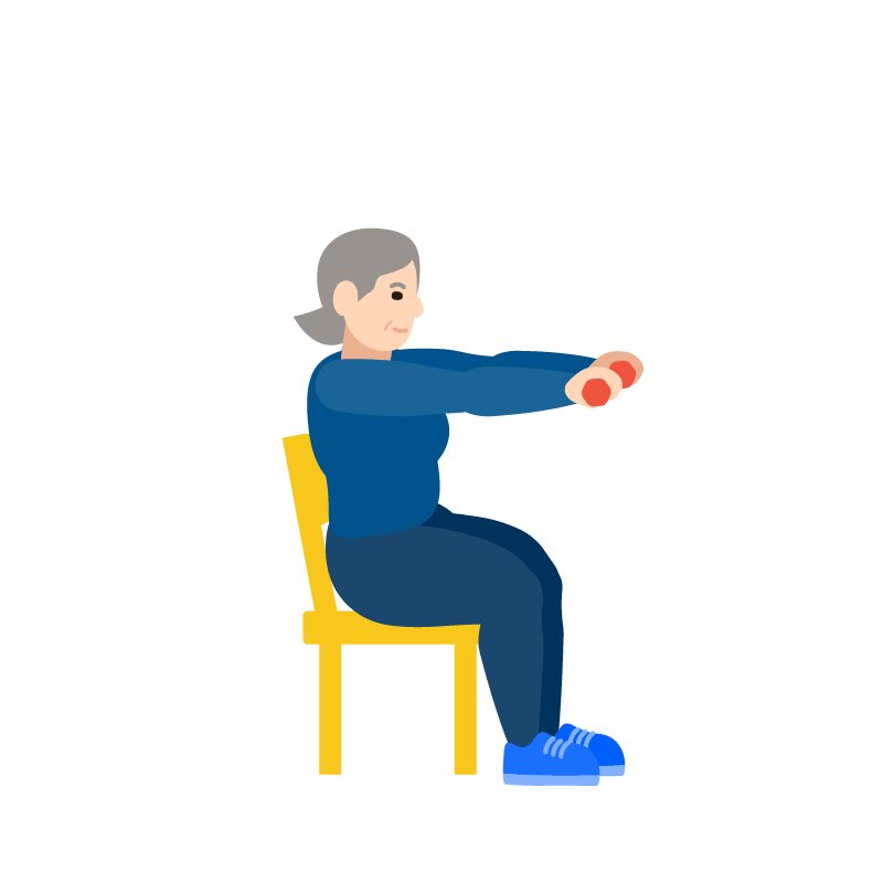 Ilustración de una mujer sentada en una silla levantando los brazos hacia adelante con pesas en las manos como parte de un ejercicio. 