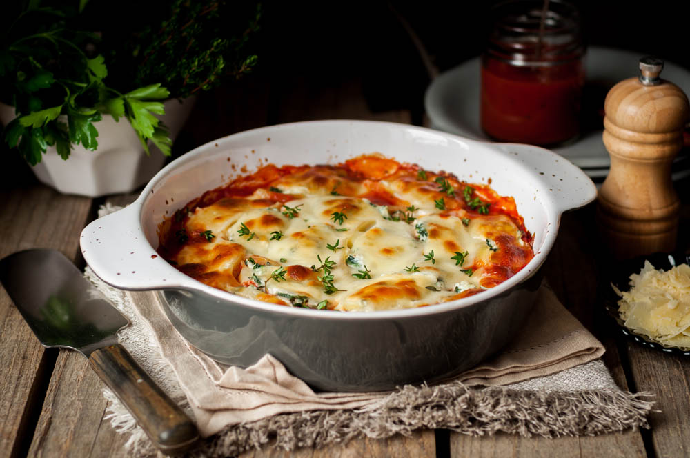 Baked Stuffed Conchiglioni with Tomato Sauce, rustic style