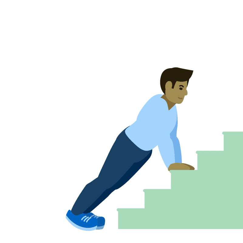 Una ilustración de un hombre realizando una plancha con las manos apoyadas en unos escalones verdes