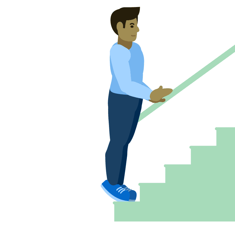  Una ilustración de un hombre de pie al pie de unas escaleras verdes, sujetándose del pasamanos