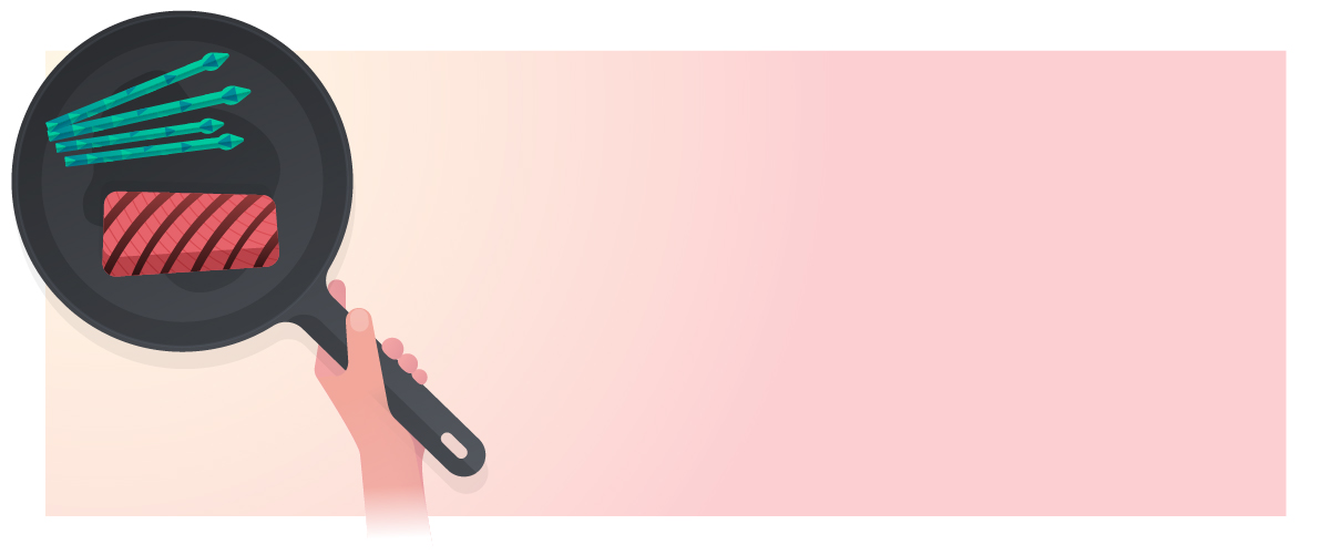 An illustration of a hand holding a frying pan containing a piece of grilled meat and green vegetables, set against a soft gradient background in shades of pink.