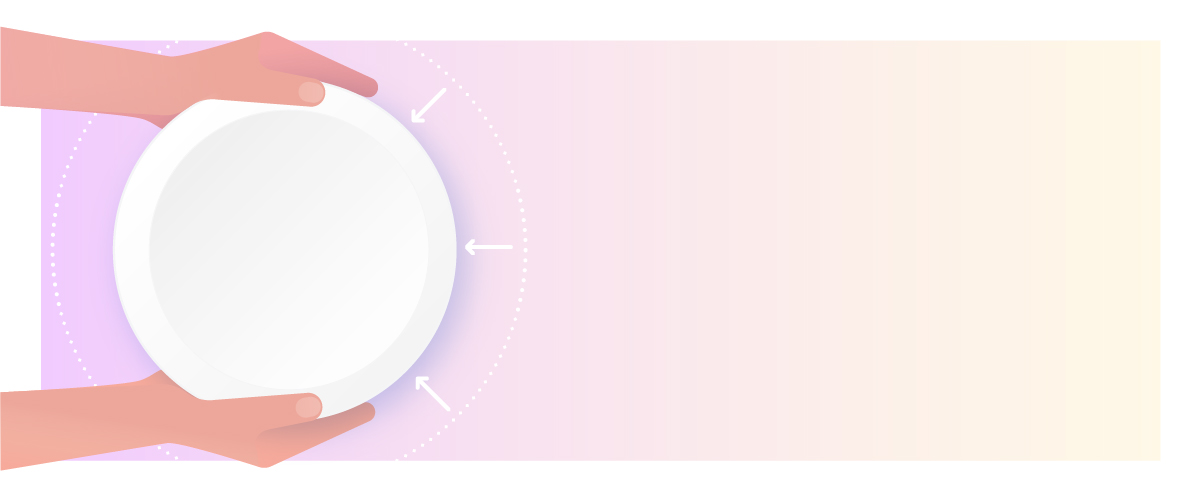 Hands hold a white plate on a gradient light purple and beige background with arrows pointing towards the plate.