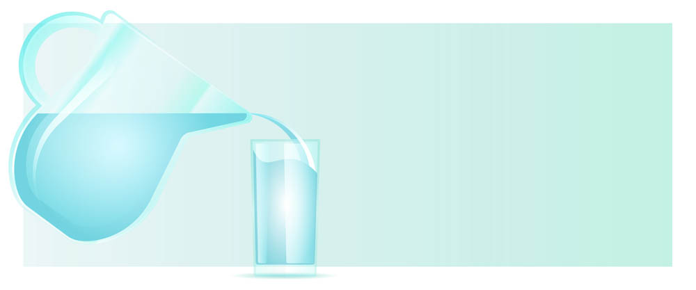 A digital illustration of a water pitcher pouring water into a glass against a light blue gradient background.