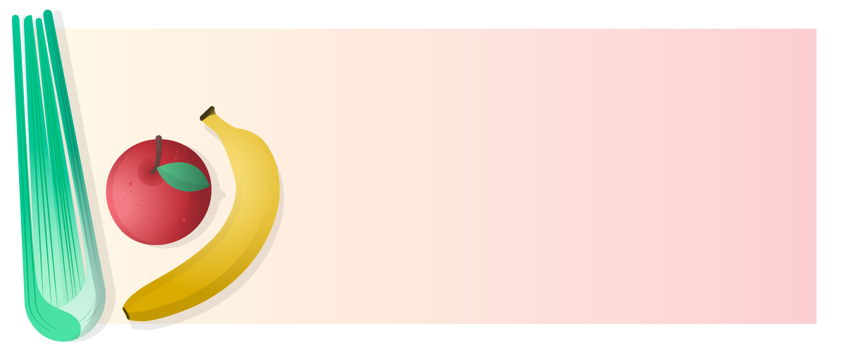 Illustration of a leek, red apple, and banana on a gradient pink and cream background.