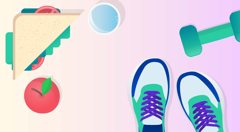 Illustration of a sandwich, apple, water, dumbbell, and sneakers on a gradient background.