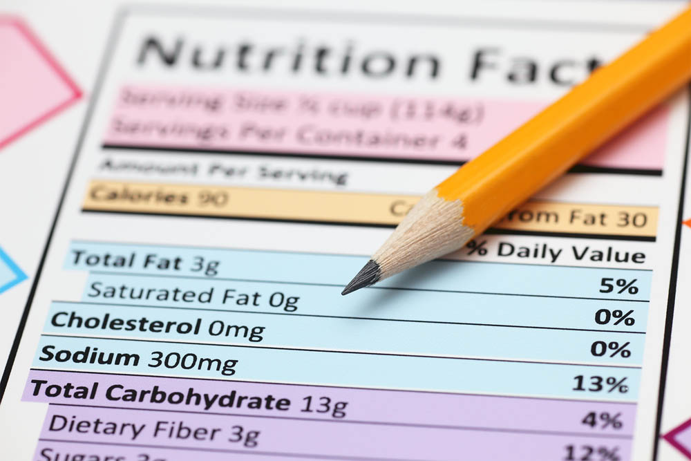 Close-up of a nutrition facts label with a pencil pointing to the daily value percentage section of total fat.