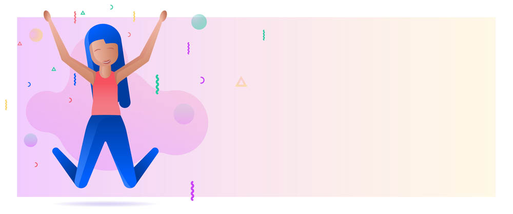Illustration of woman jumping in the air with confetti in background