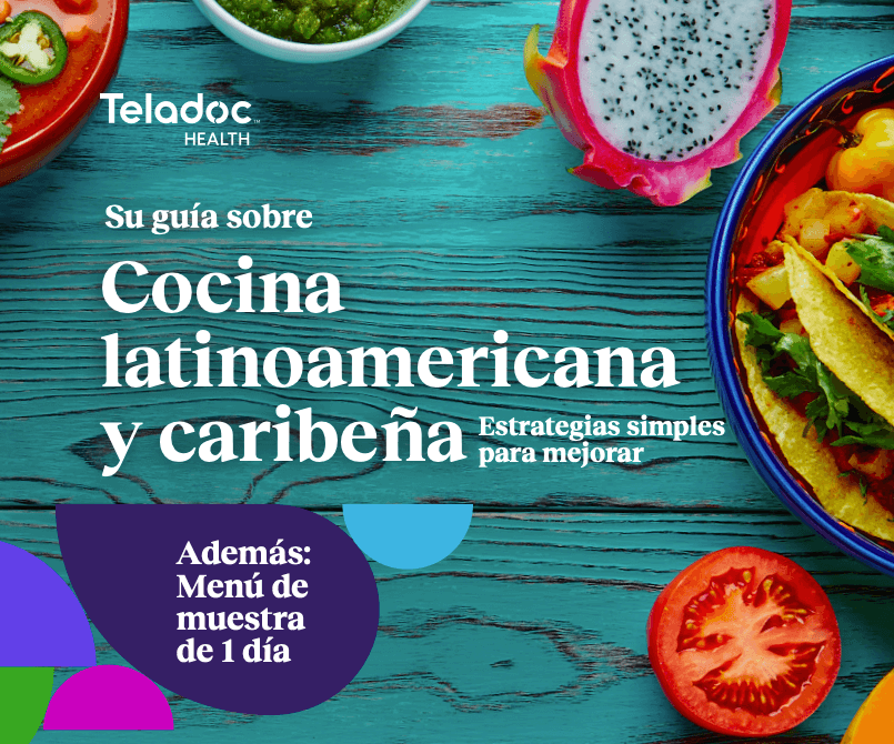 Portada de una guía titulada “Cocina latinoamericana y caribeña” con platos coloridos sobre una mesa azul