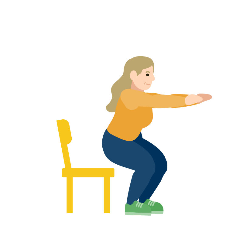  Ilustración de una mujer haciendo sentadillas frente a una silla, con los brazos extendidos al frente.